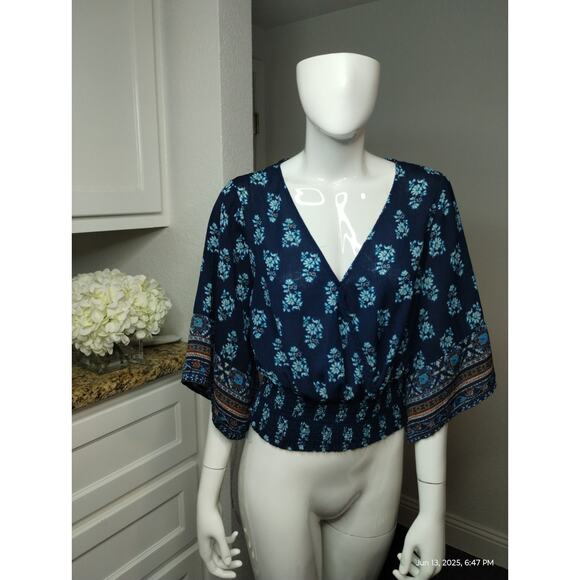 Twine & String Womens Large Top Kimono Sleeve Mosaic Floral Smocked Waist Boho - Picture 8 of 13